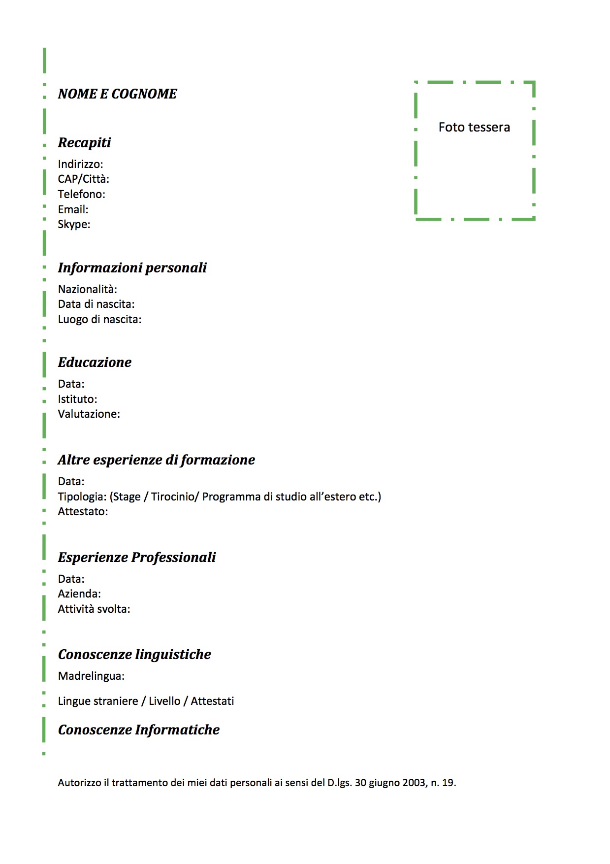 moduli per curriculum vitae da stampare