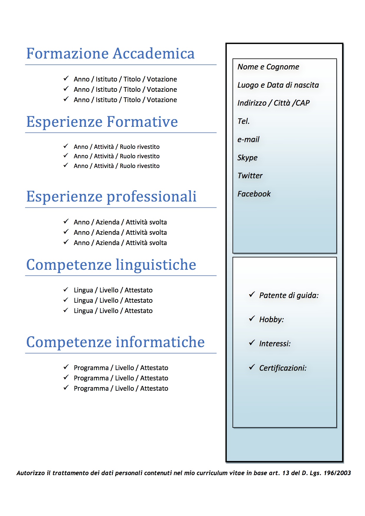 curriculum vitae modello artistico