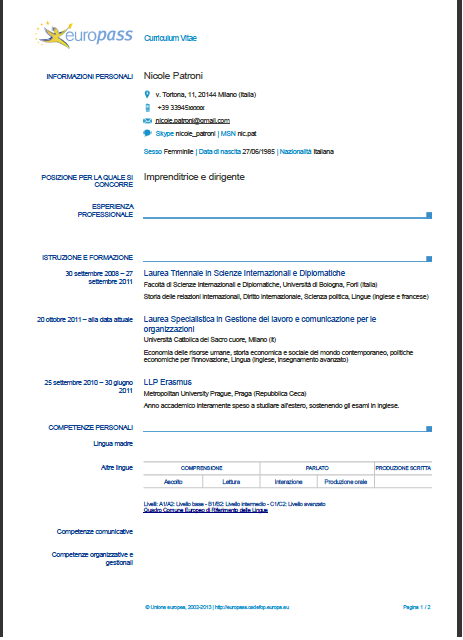 esempio curriculum vitae europeo infermiere neolaureato