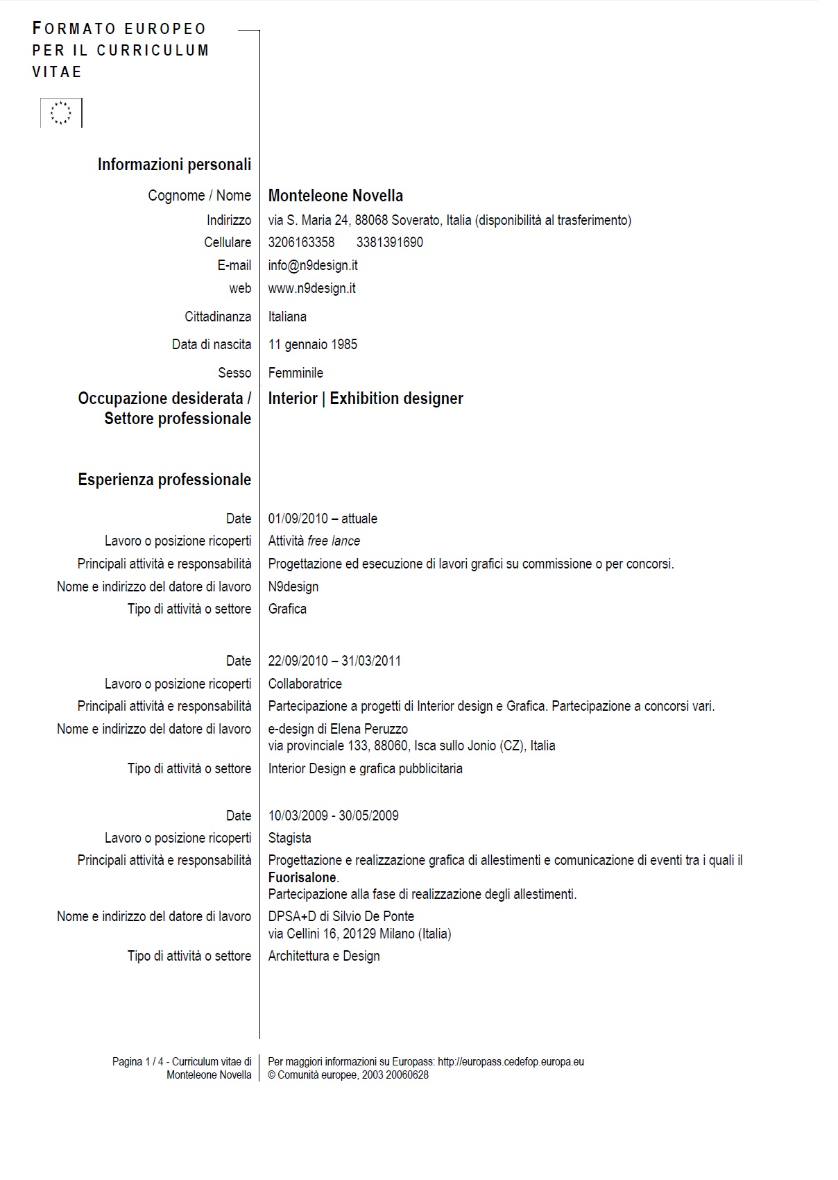 Modello curriculum europeo professionista