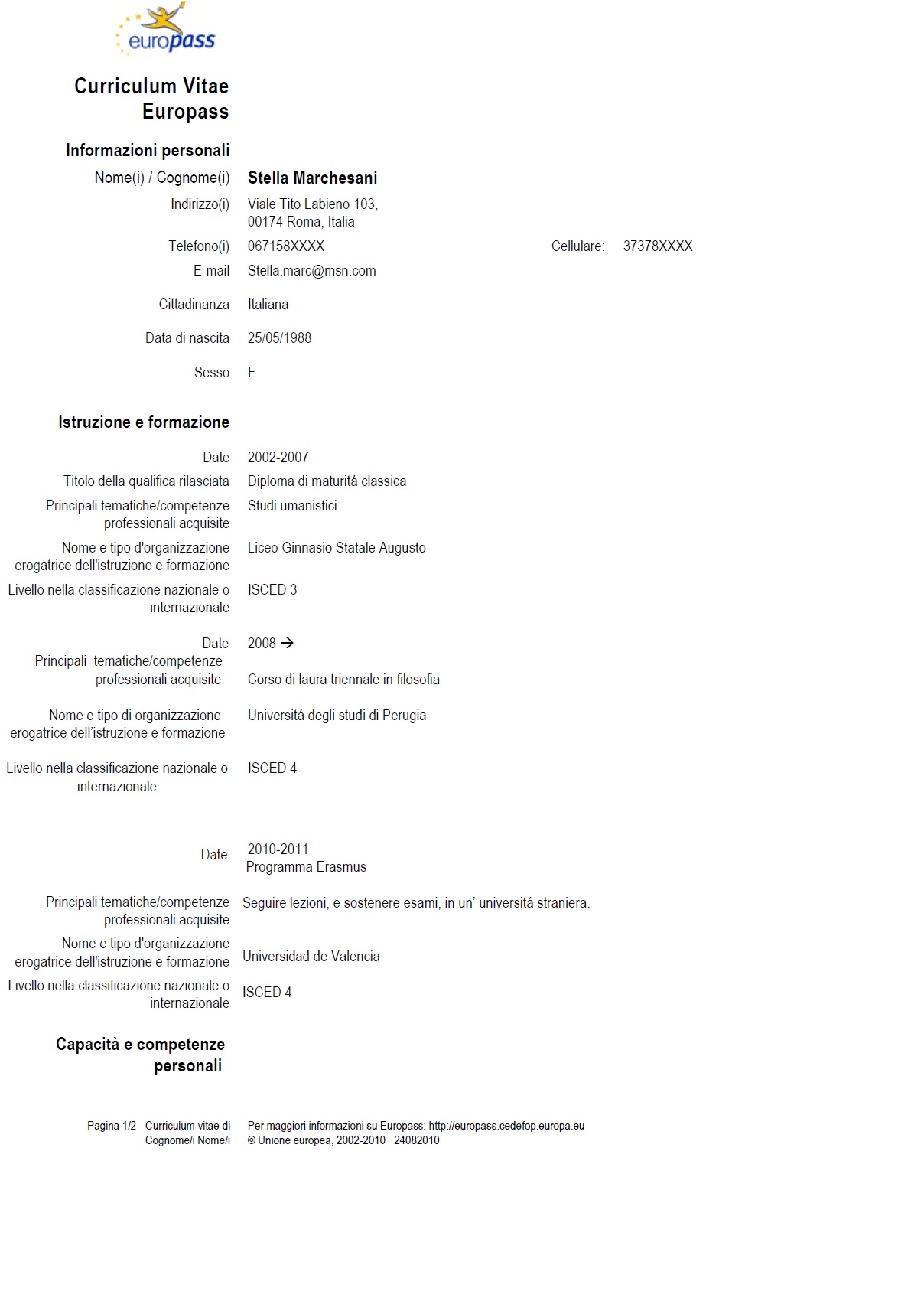 esempio curriculum europeo laureando