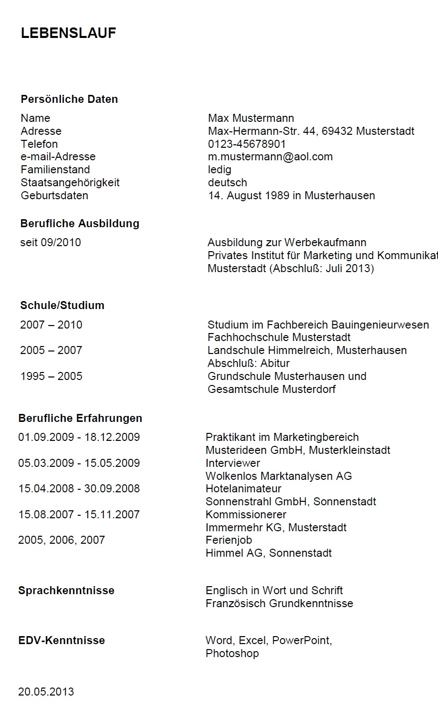 Esempio di curriculum vitae in tedesco preparazione professionale