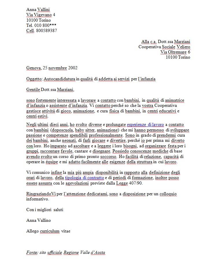 Lettera Di Presentazione Per Autocandidarsi Esempio Reale