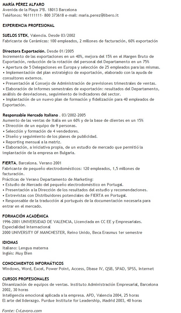 Modello 2 Di Curriculum Vitae Anticronologico In Spagnolo