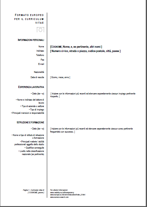 curriculum vitae da compilare italiano