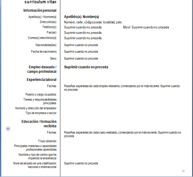 prima pagina del formato europeo per il cv in spagnolo