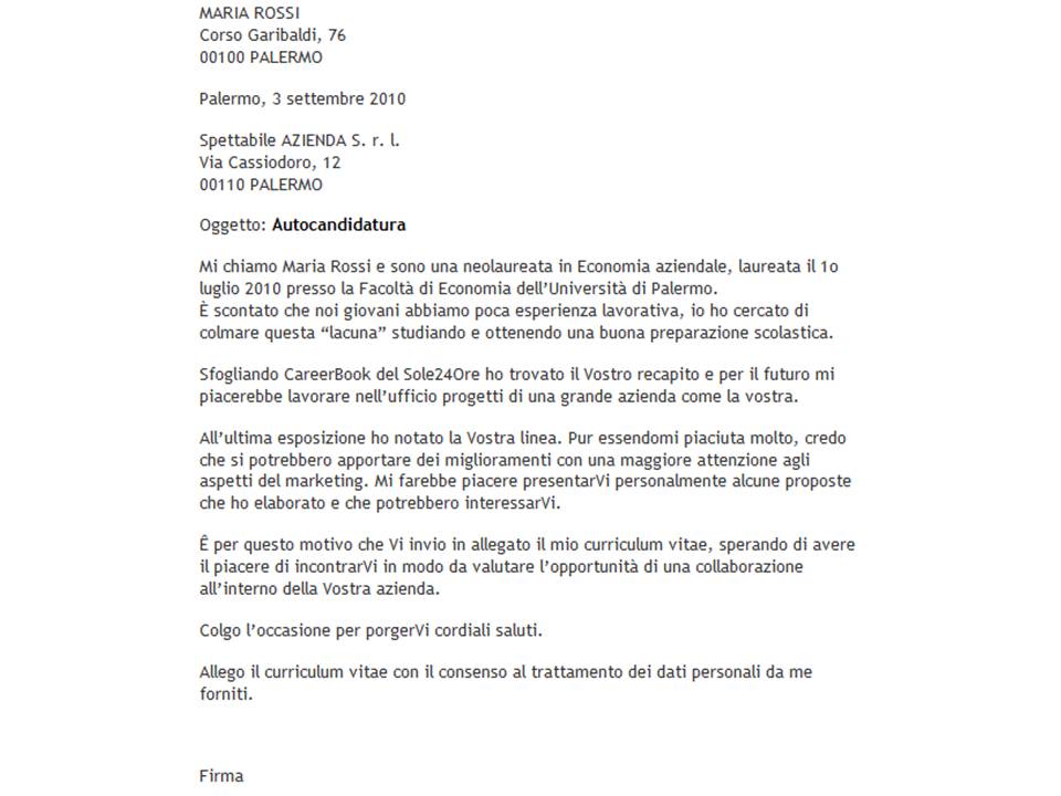 Lettera presentazione cv candidatura spontanea