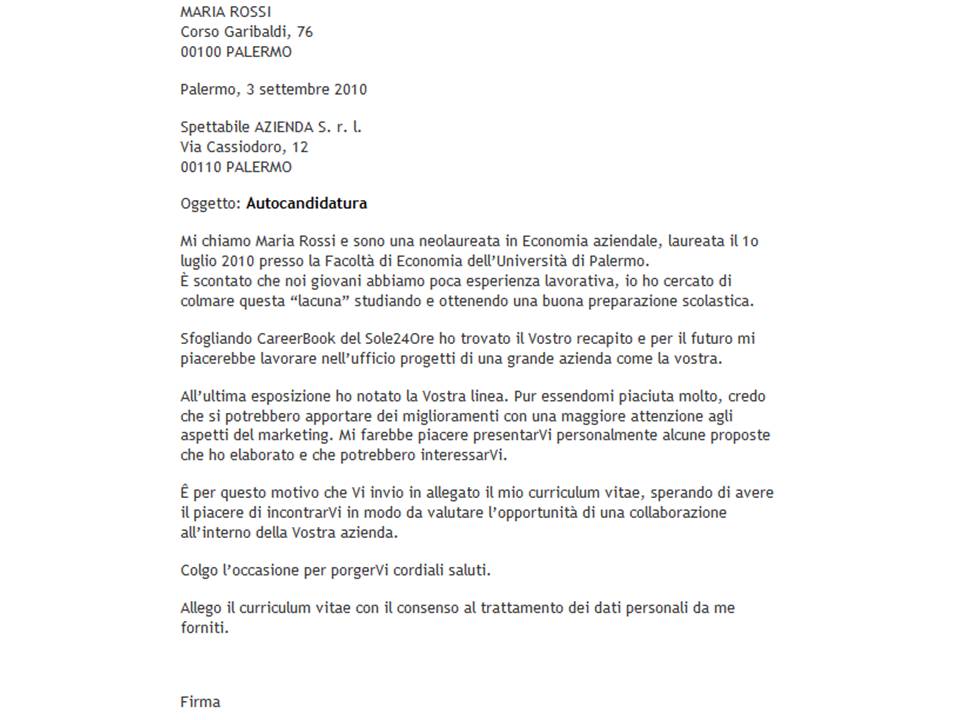 Lettera Di Presentazione Per Autocandidarsi Esempio Reale