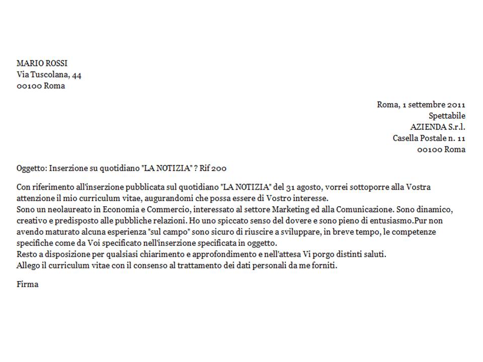 Lettera Di Presentazione Per Autocandidarsi Esempio Reale