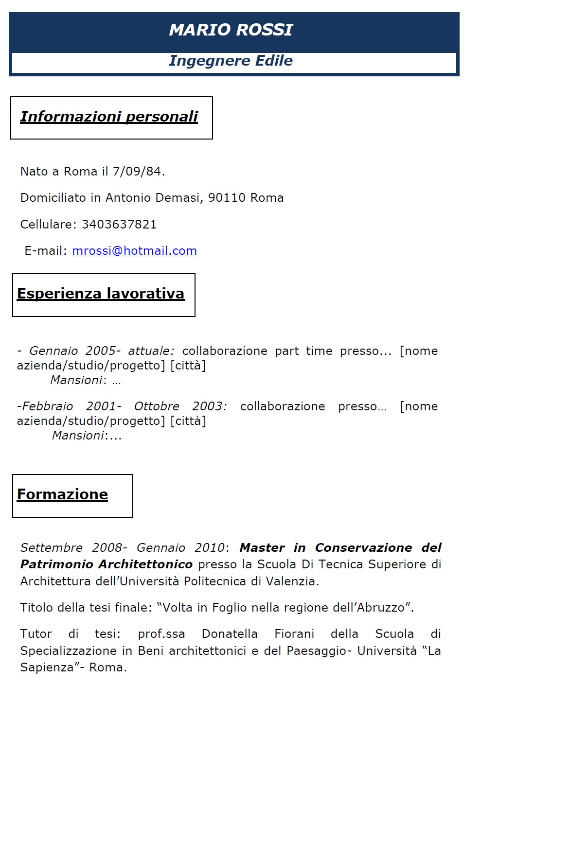 Esempio di curriculum vitae anticronologico