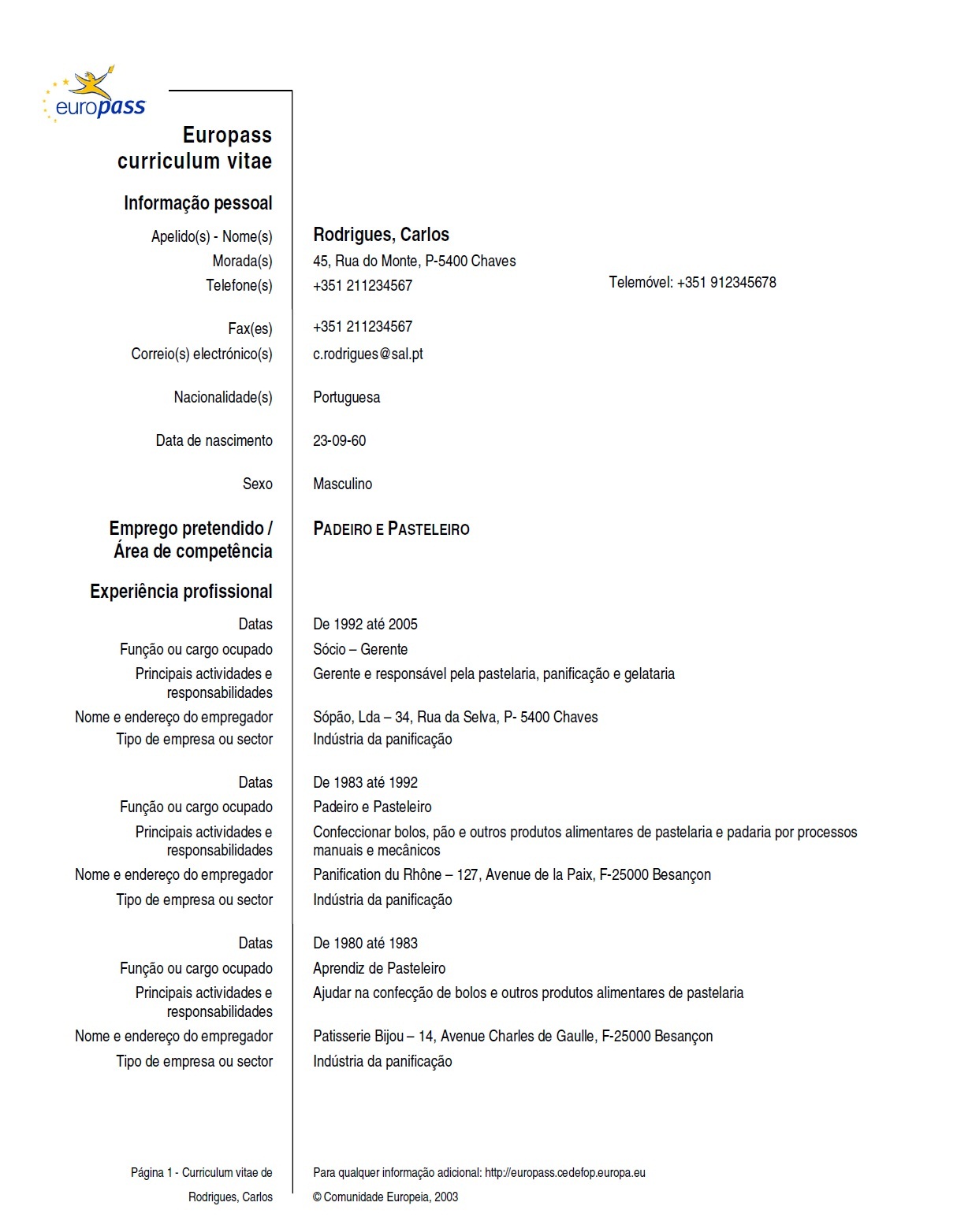 CV in lingua portoghese modello
