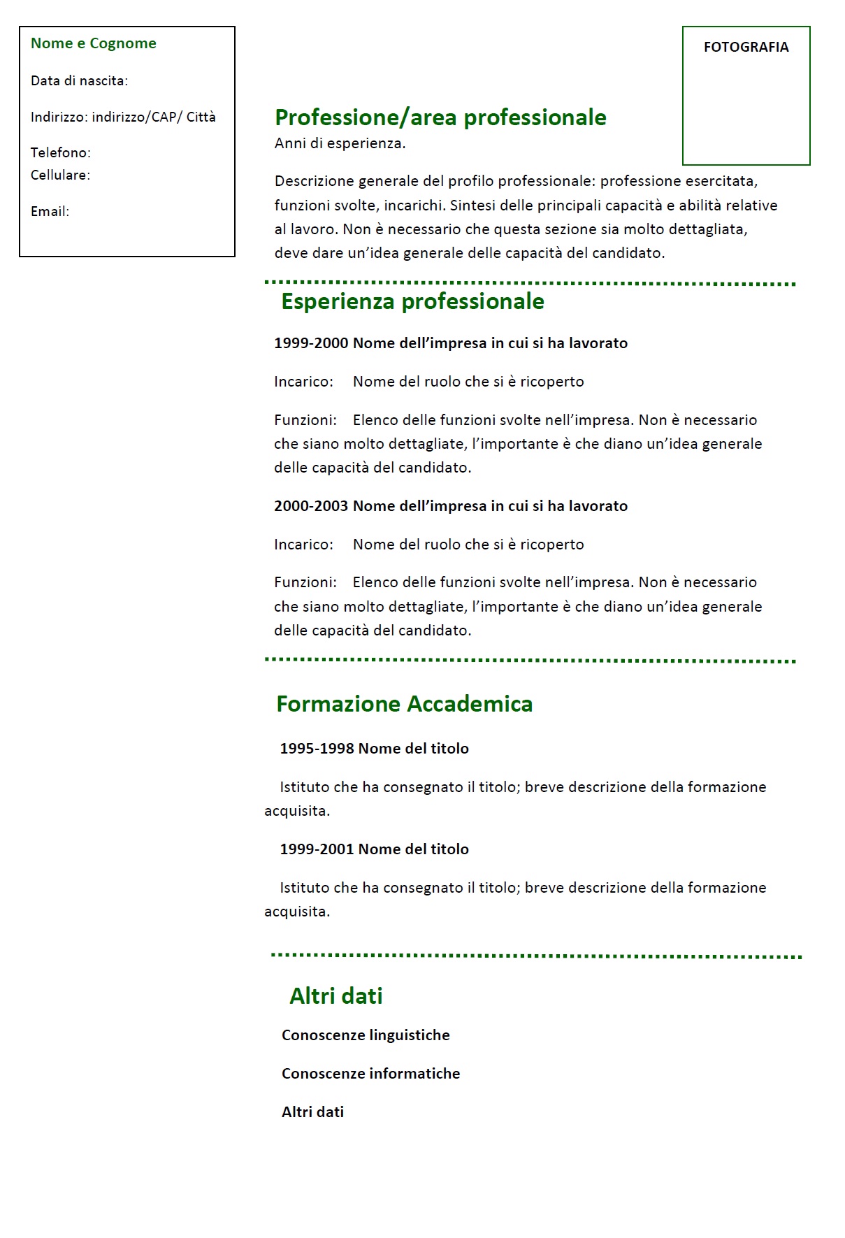 Modello Curriculum Funzionale 01 Verde Modello Curriculum