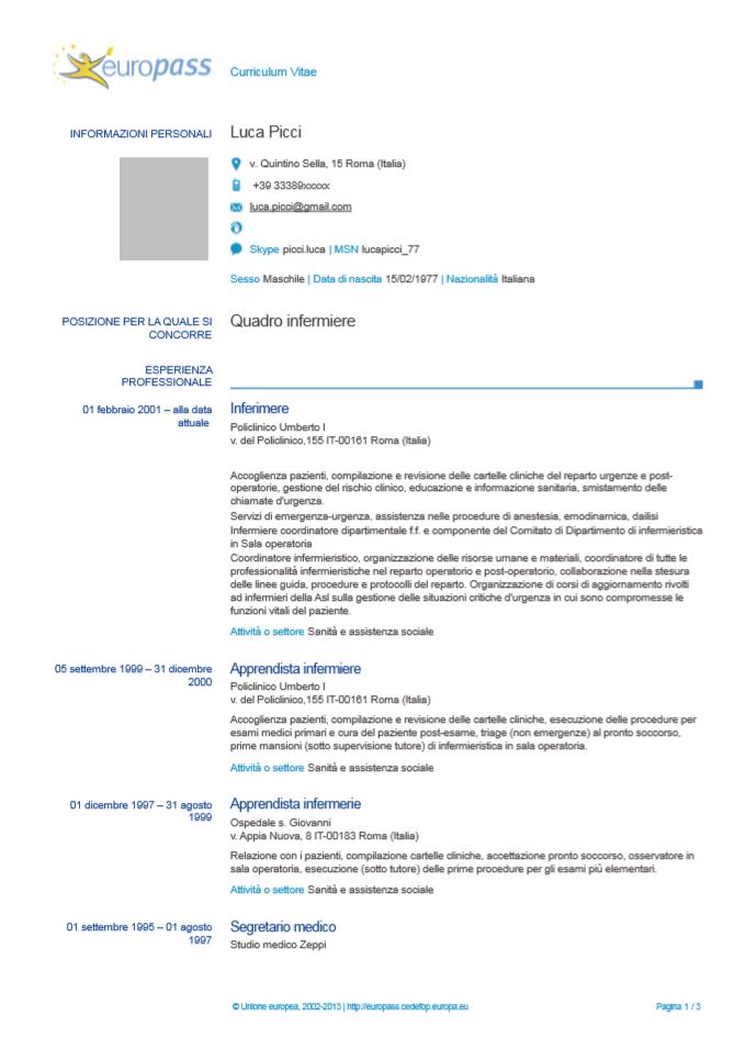 Esempio Di Curriculum Vitae Europass Infermiere